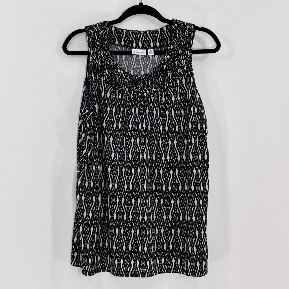 Kim Rogers Woman 1X Black White Geometric Ikat Smocked Neck Sleeveless Blouse